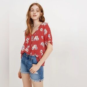 Madewell Women’s Red Striped Floral Daisy Society Swing Rhyme Blouse Size L